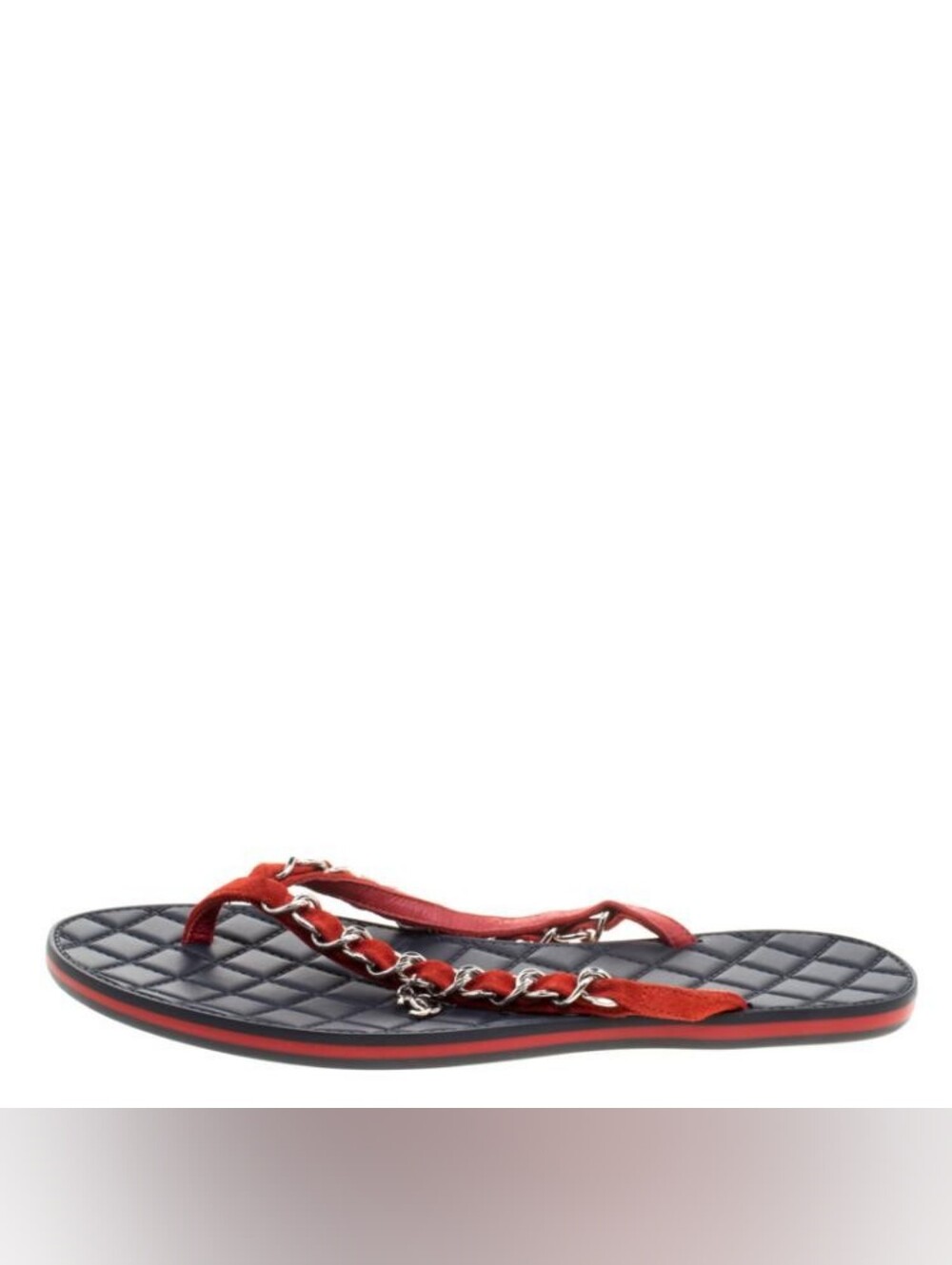 Quilted Black Flip Flop Sandal with Red Chain Strap